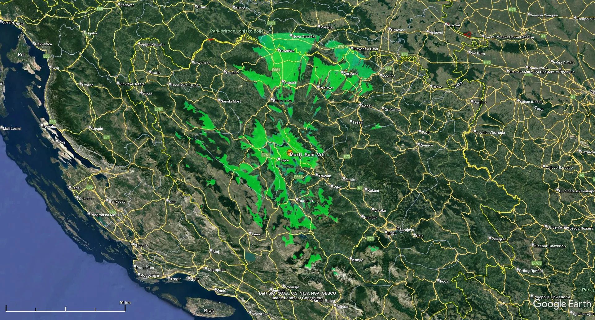 Mapa pokrivenosti sa emisione lokacije Suhi Vrh (Jajce)
